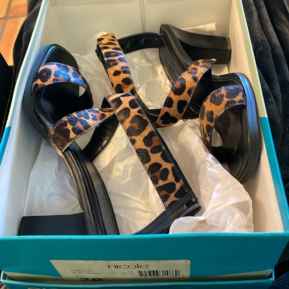 Nicole Leopard Print Ankle-Strap Sandals - Brown/Black